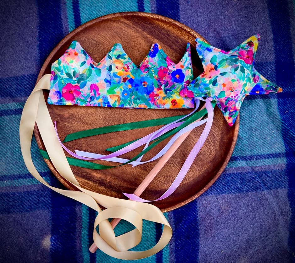 Painted floral birthday crown and matching ribbon star wand