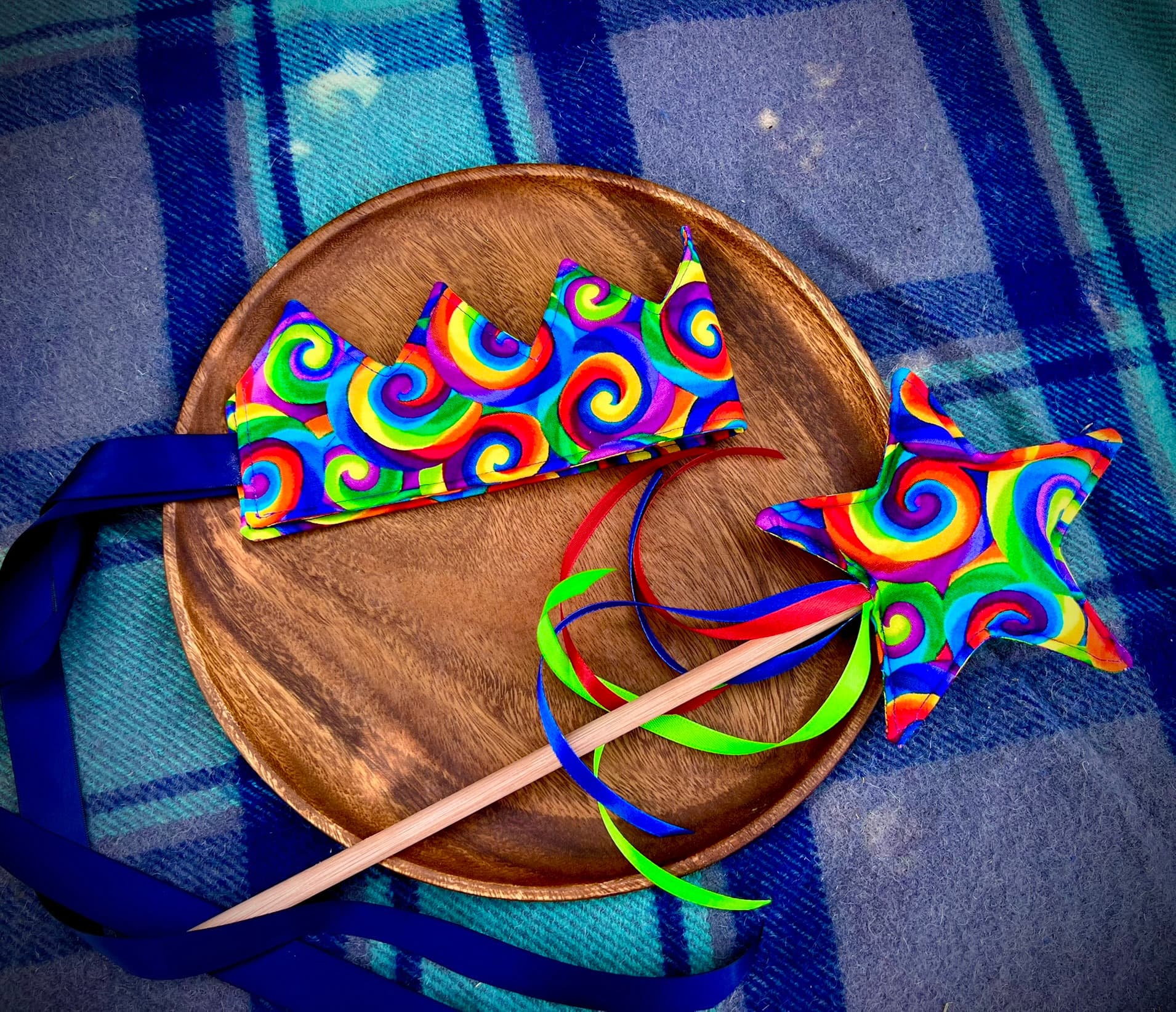 Rainbow birthday crown and matching ribbon star wand