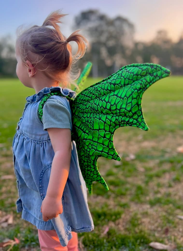 Young child wearing emerald dragon wings outdoors at sunset